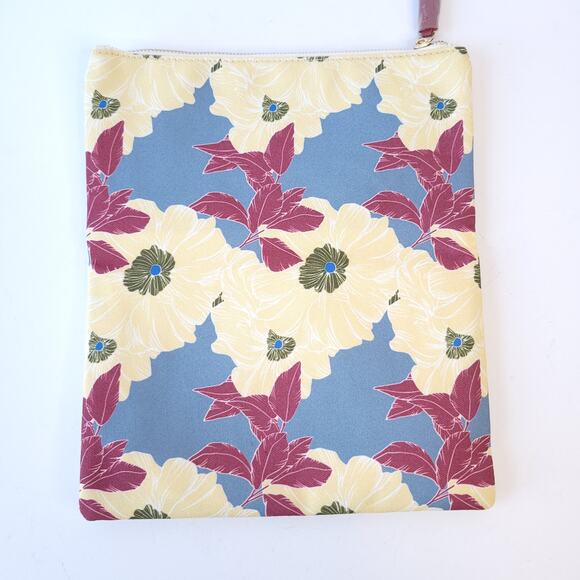 Rachel Pally Reversible Clutch Purse Floral Blue Cream Ivory Leather Zip Closure - Picture 7 of 9